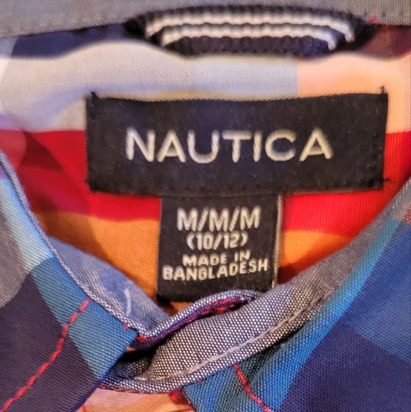 Nautical Boy's Multicolor Plaid Shirt; Style: Long Sleeve. Size: 10/12 (M). - Picture 3 of 5